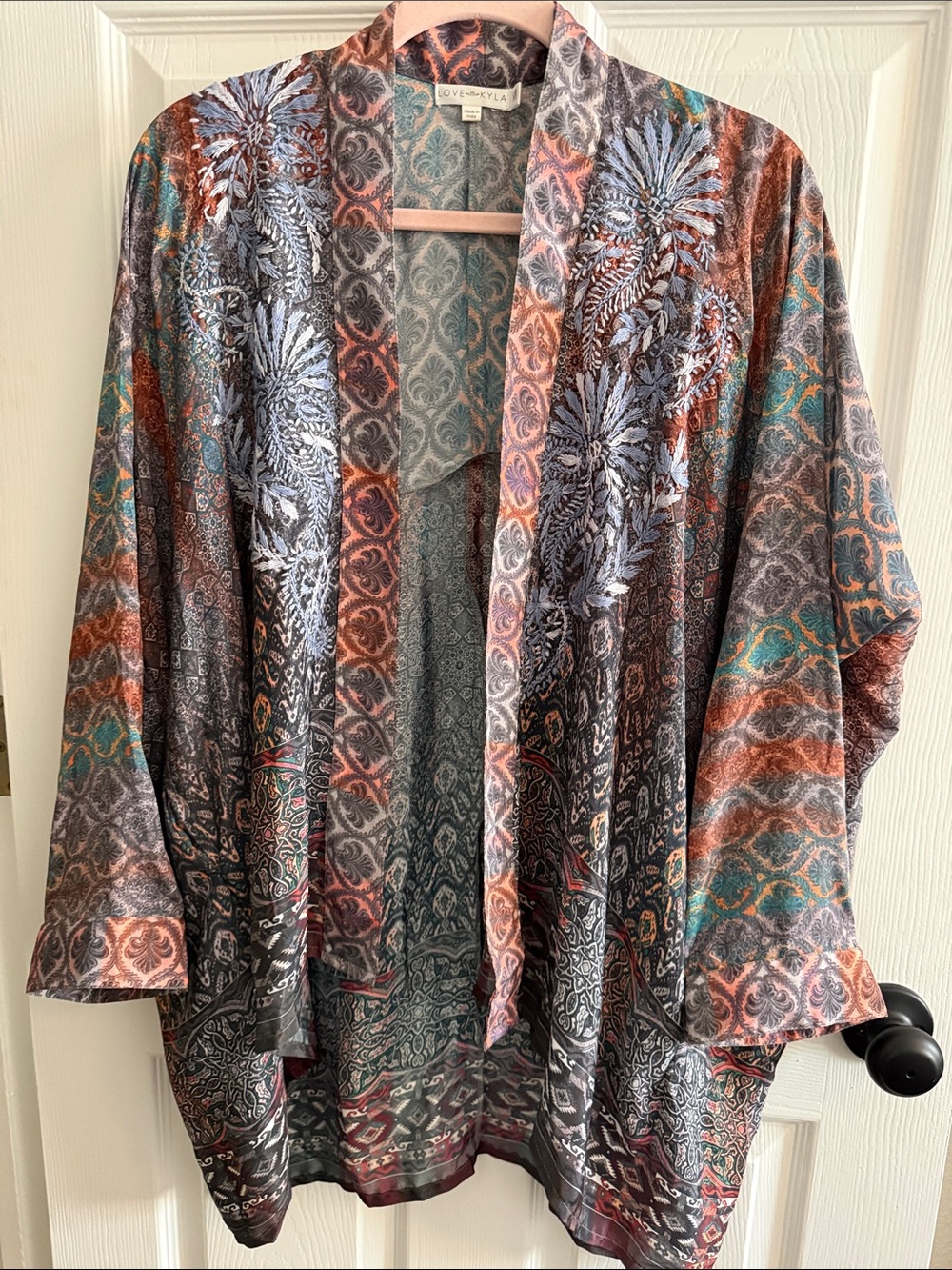 Boho Paisley Open Kimono Silk Hand Embroidered Cardigan in Rust, Teal & Gray